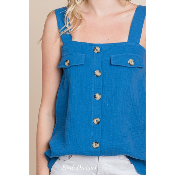 LAST 2! Go To Perry Blue Cotton Sleeveless Top with Button Detail! - Picture 4 of 4